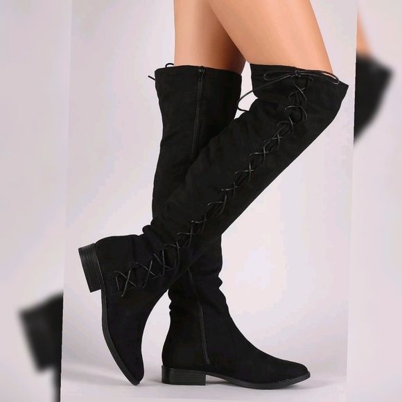 ❤7 ❤ Vegan Black Suede Over The Knee - Picture 3 of 3